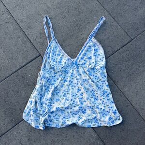 Blueberry Print Lace Trim Camisole V-Neck Cami‎ Top Blue White XL